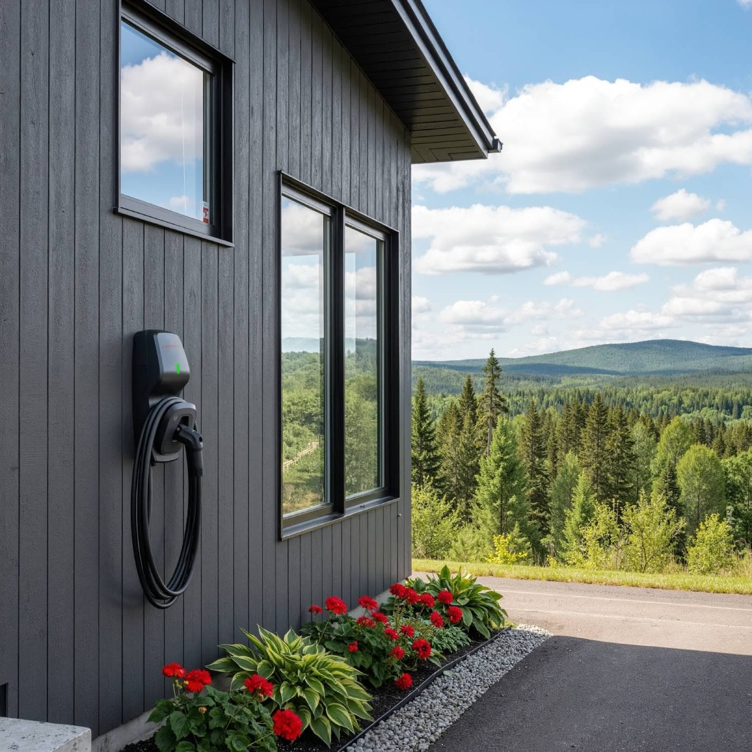 Borne de recharge installée sur le mur extérieur d’une maison