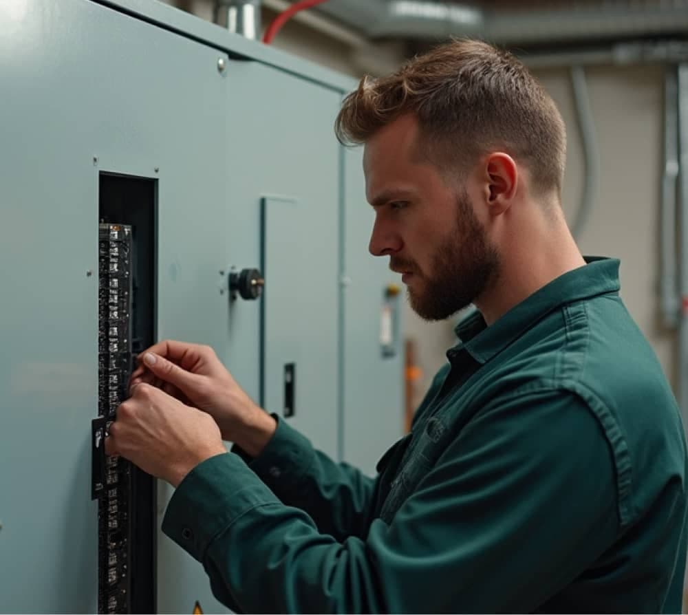Électricien travaillant sur un panneau électrique
