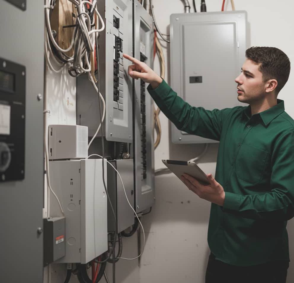 Un électricien en chemise verte inspecte un panneau électrique tout en tenant une tablette.