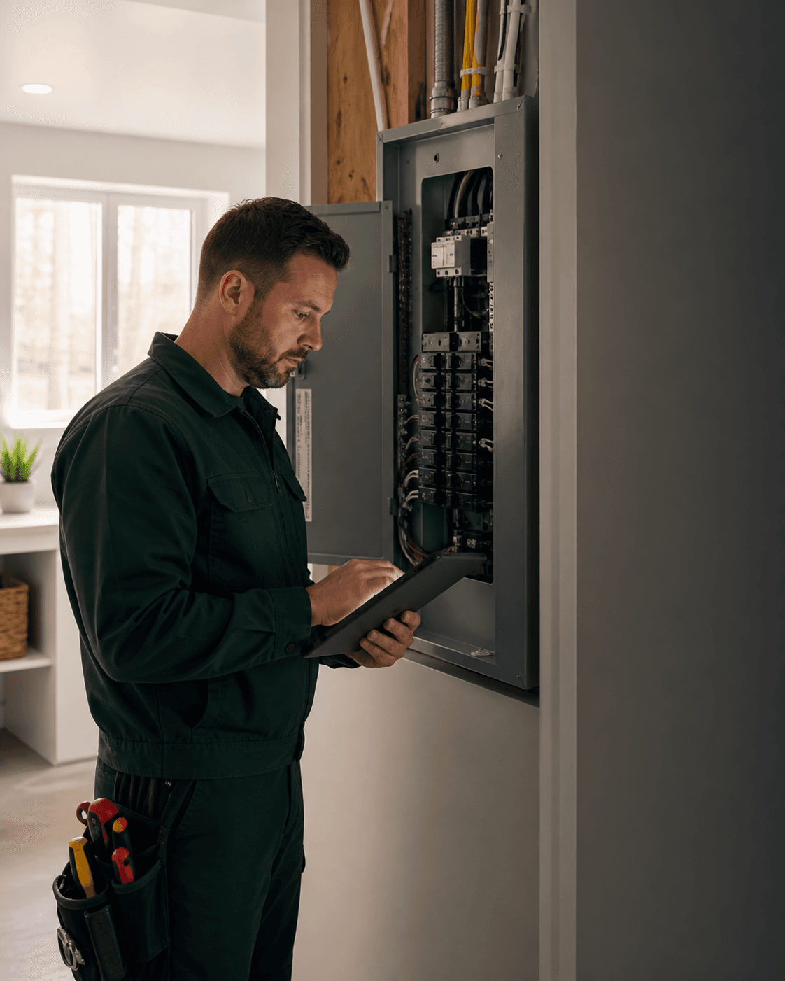Illustration d’un électricien lors de travaux résidentiels